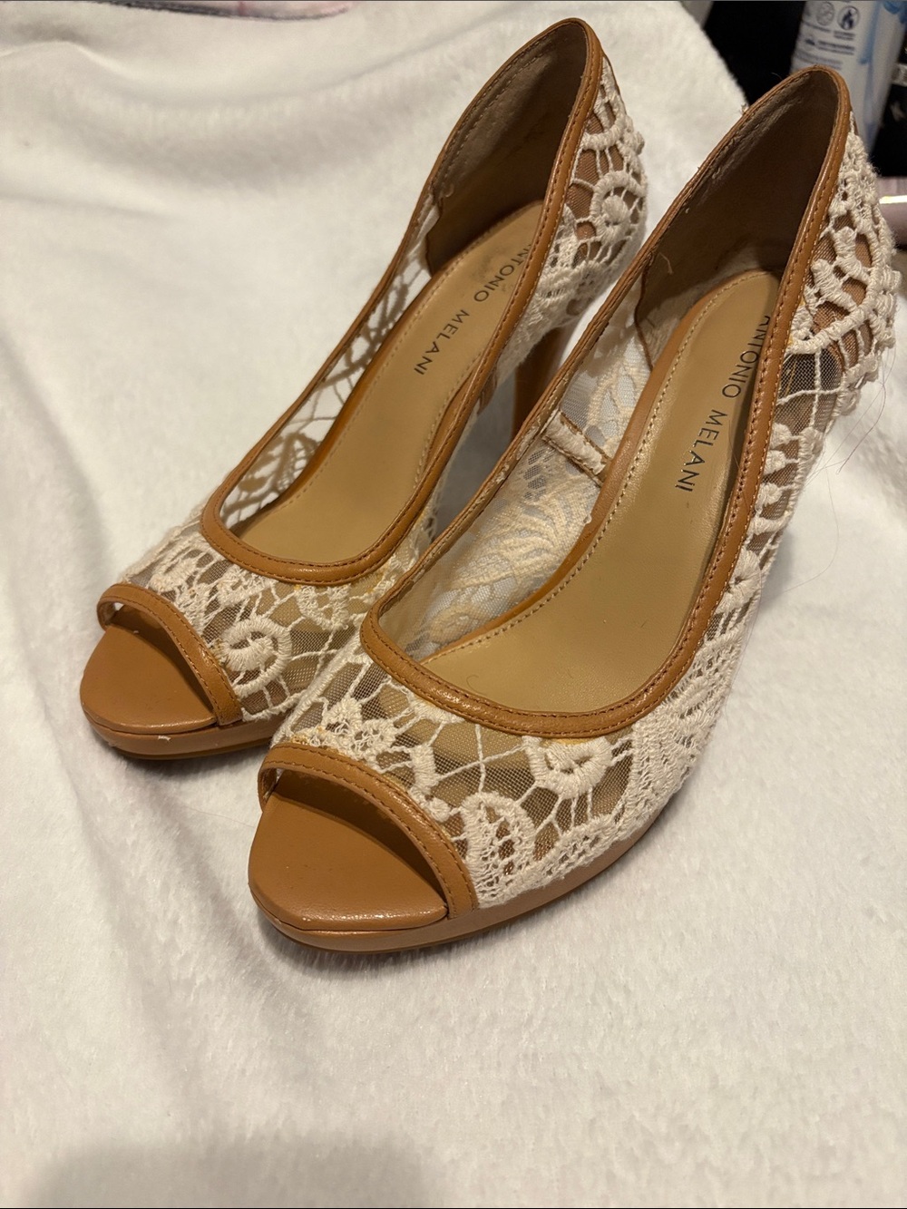 ANTONIO MELANI Cream Lace Peep-Toe Heels with Tan Trim